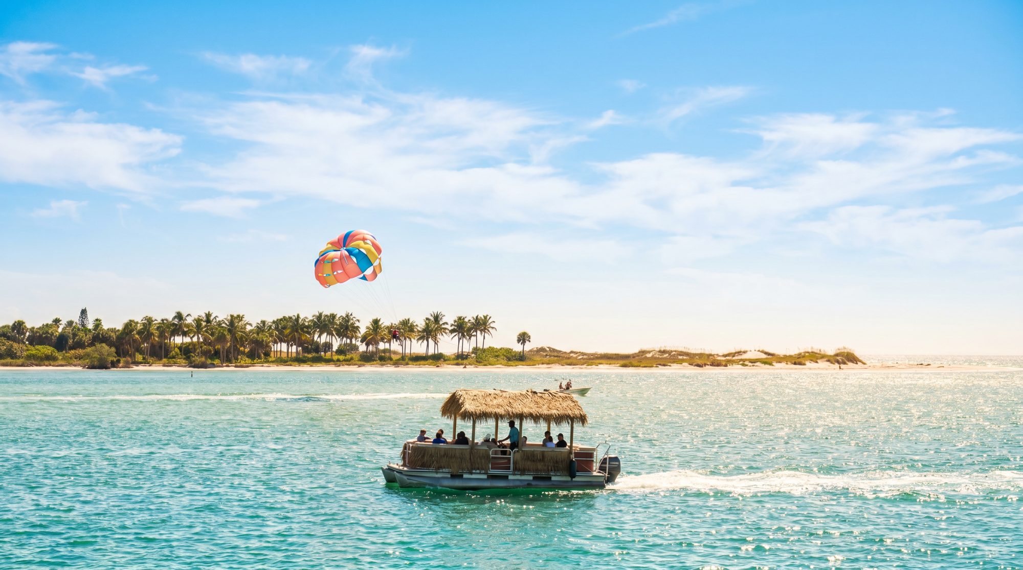 A tiki party boat and a colorful parasail over the turquoise Gulf near Sarasota