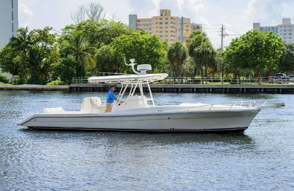 A center-console charter boat on the water