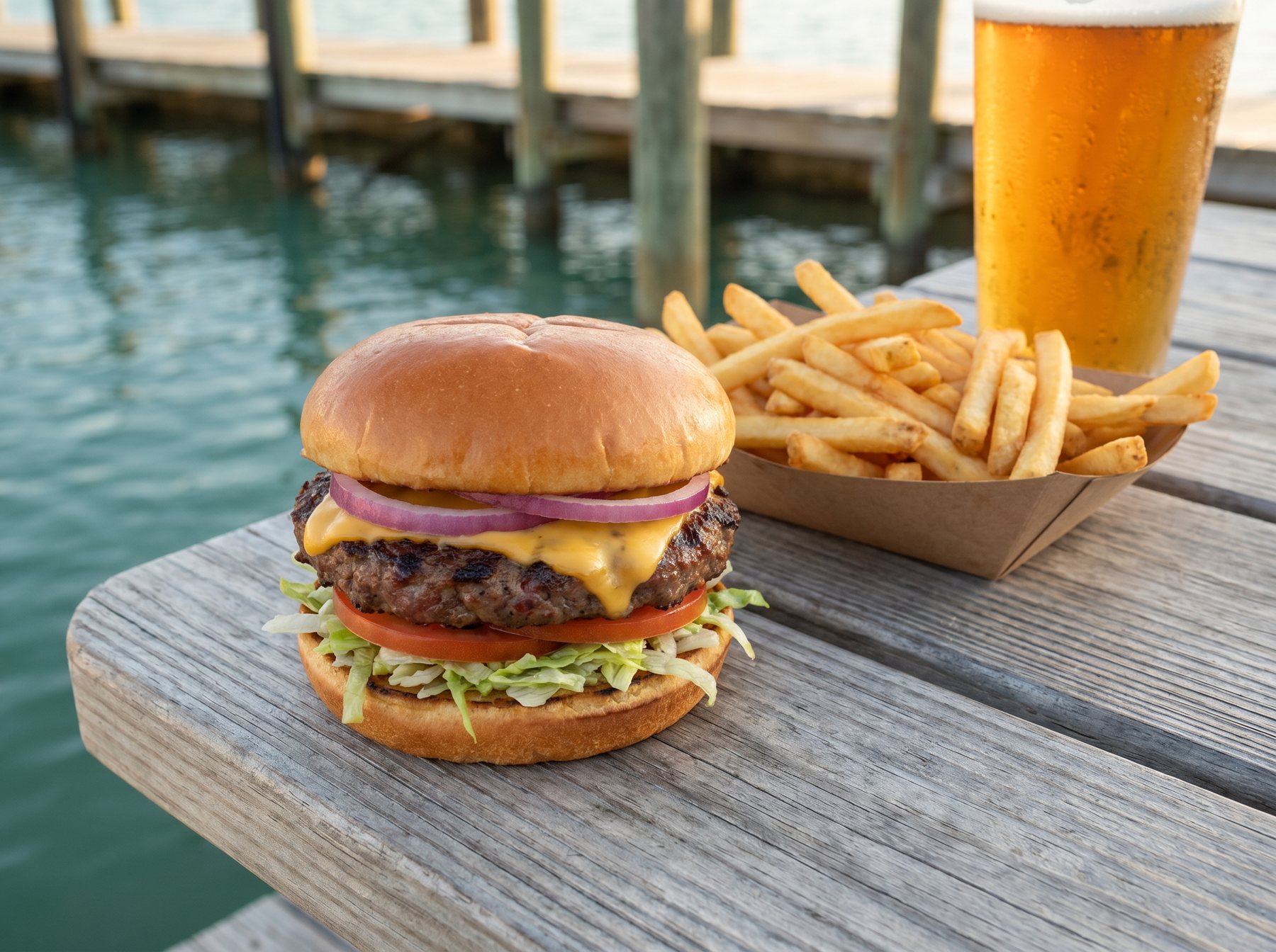 The New Pass world-famous Angus cheeseburger with fries and a cold beer on a dock table