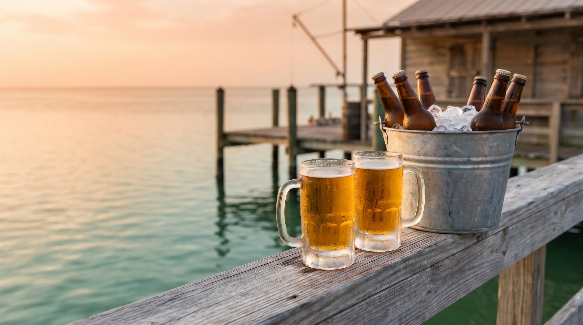 Ice-cold draft beers and a bucket of bottles on the dock rail