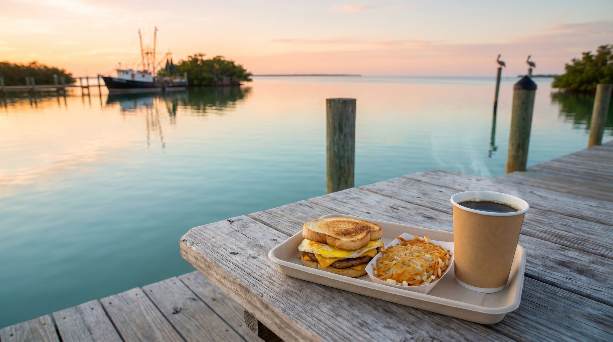 A breakfast sandwich and coffee on a dock table at sunrise over the water