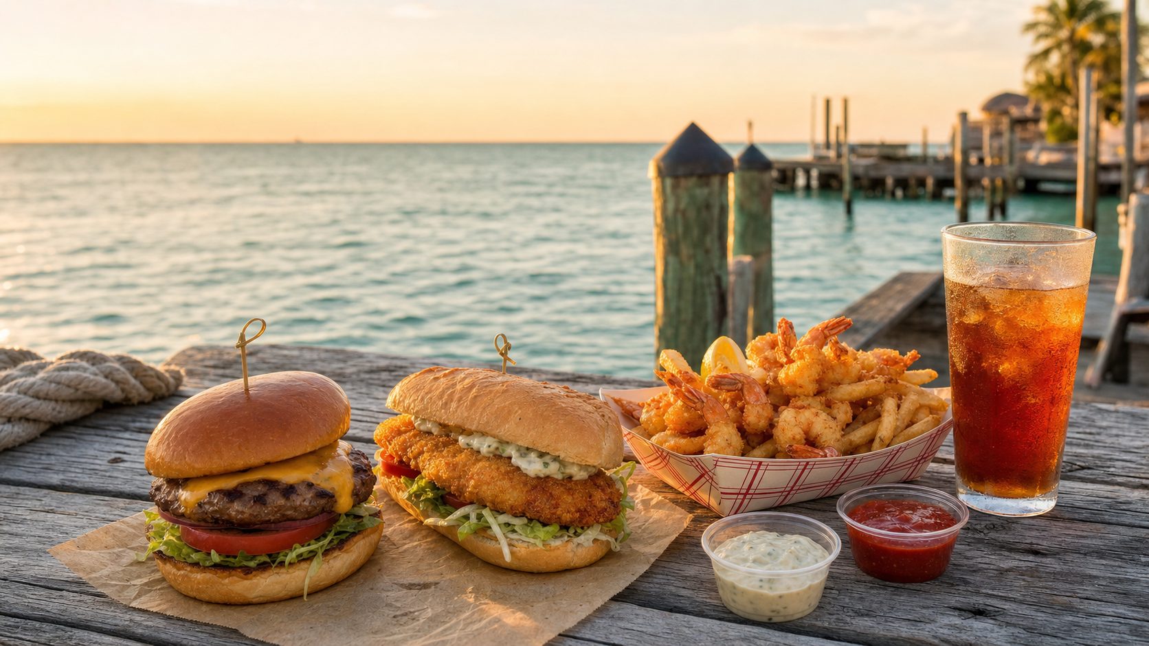 A burger, fried grouper sandwich and shrimp basket on a dock table at sunset