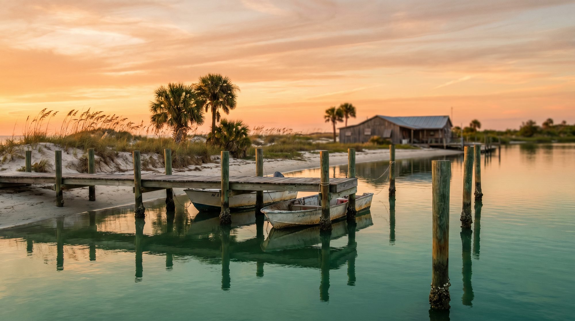 A weathered dock reaching into calm teal water at golden hour