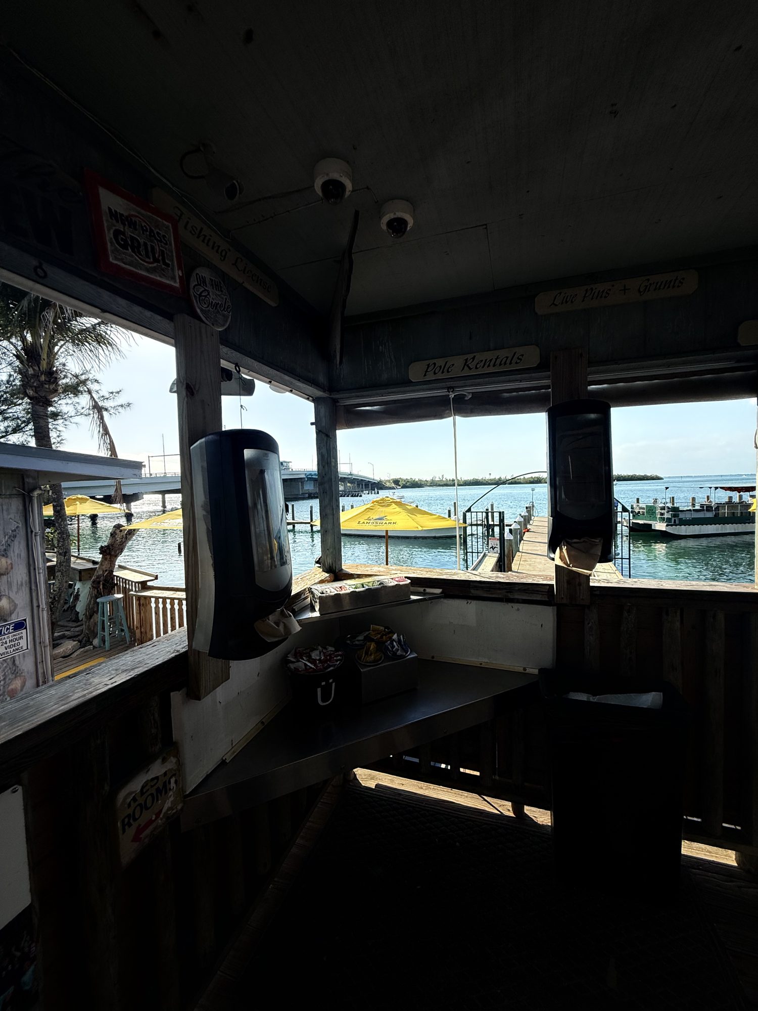 View from the shaded New Pass deck out across the water